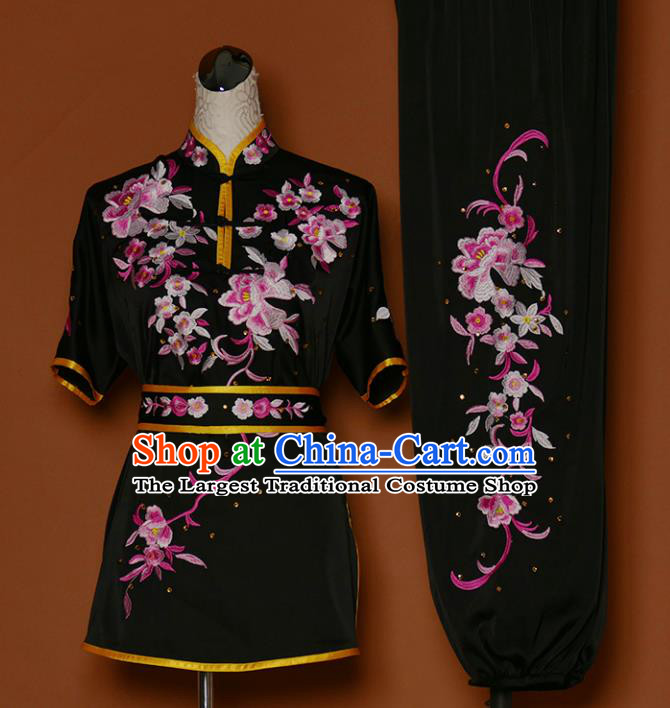 Chinese Professional Martial Arts Embroidered Peony Black Costume Traditional Kung Fu Competition Tai Chi Clothing for Women