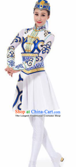 Traditional Chinese Mongol Nationality Ethnic Costume Mongolian Minority Dance White Dress for Women