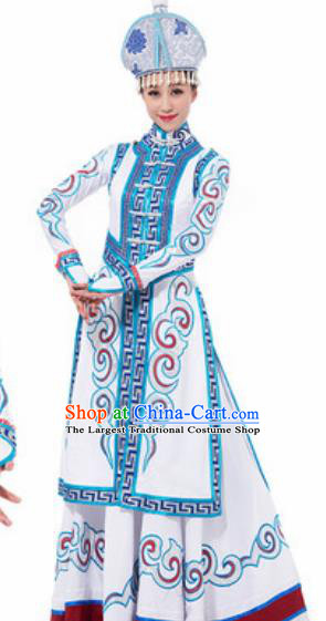 Traditional Chinese Mongol Ethnic Costume Mongolian Nationality Minority Dance White Dress for Women
