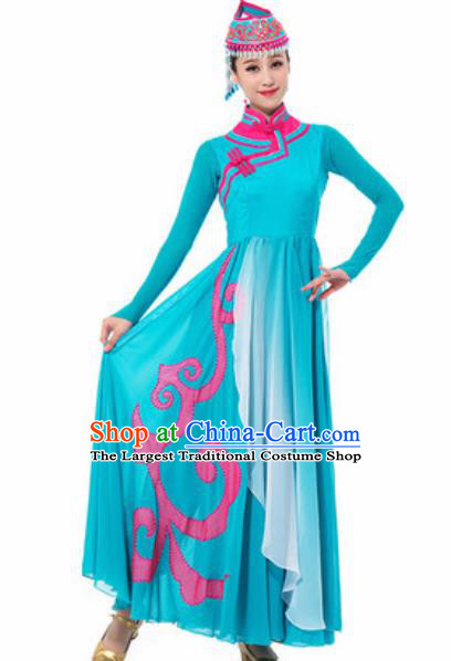 Traditional Chinese Mongol Ethnic Costume Mongolian Nationality Minority Dance Blue Dress for Women