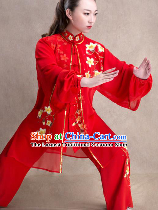 Chinese Traditional Martial Arts Competition Red Costume Kung Fu Tai Chi Training Clothing for Women