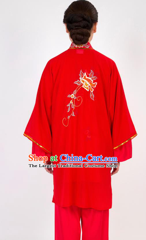Chinese Traditional Martial Arts Embroidered Peony Red Costume Best Kung Fu Competition Tai Chi Training Clothing for Women