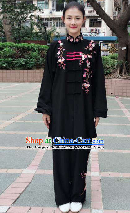 Professional Chinese Martial Arts Embroidered Plum Black Costume Traditional Kung Fu Competition Tai Chi Clothing for Women