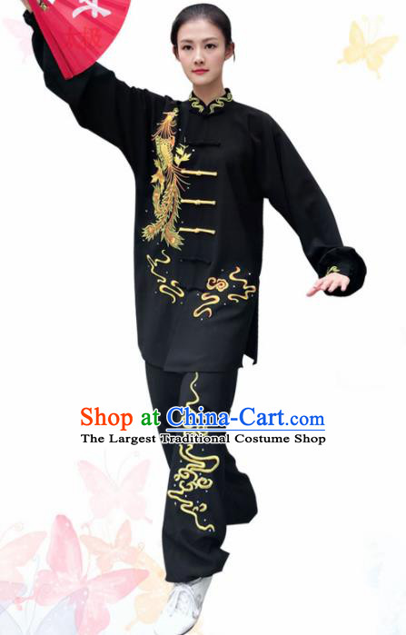 Professional Chinese Martial Arts Embroidered Phoenix Black Costume Traditional Kung Fu Competition Tai Chi Clothing for Women