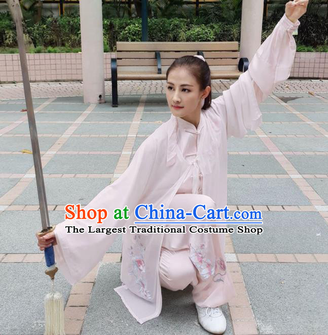 Professional Chinese Martial Arts Embroidered Magnolia Pink Costume Traditional Kung Fu Competition Tai Chi Clothing for Women