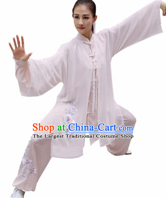 Professional Chinese Martial Arts Embroidered Magnolia Pink Costume Traditional Kung Fu Competition Tai Chi Clothing for Women