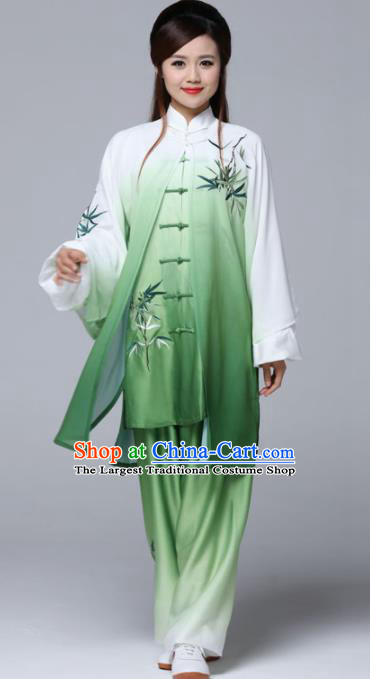 Gradient Green Professional Chinese Martial Arts Embroidered Bamboo Costume Traditional Kung Fu Competition Tai Chi Clothing for Women