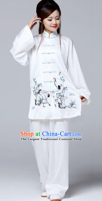 Professional Chinese Martial Arts Ink Painting Crane White Costume Traditional Kung Fu Competition Tai Chi Clothing for Women