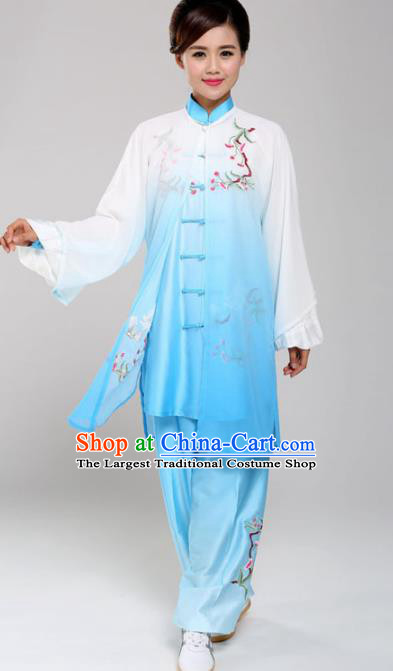 Professional Martial Arts Embroidered Magnolia Blue Costume Chinese Traditional Kung Fu Competition Tai Chi Clothing for Women