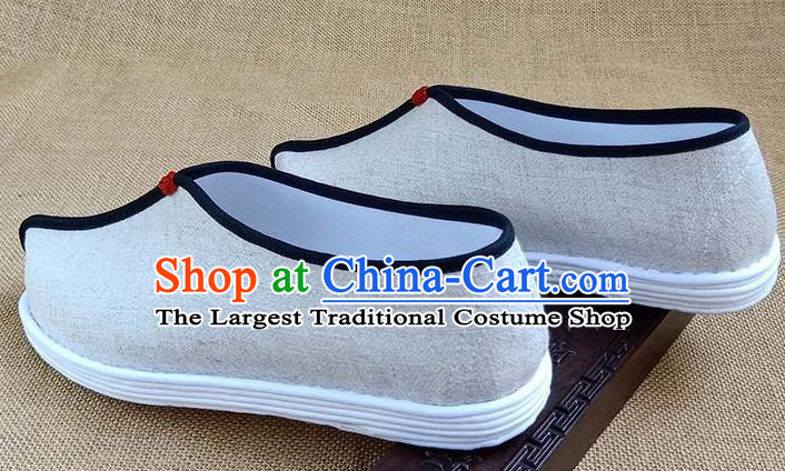 Traditional Chinese Beige Linen Monk Shoes Handmade Multi Layered Cloth Shoes Martial Arts Shoes for Men