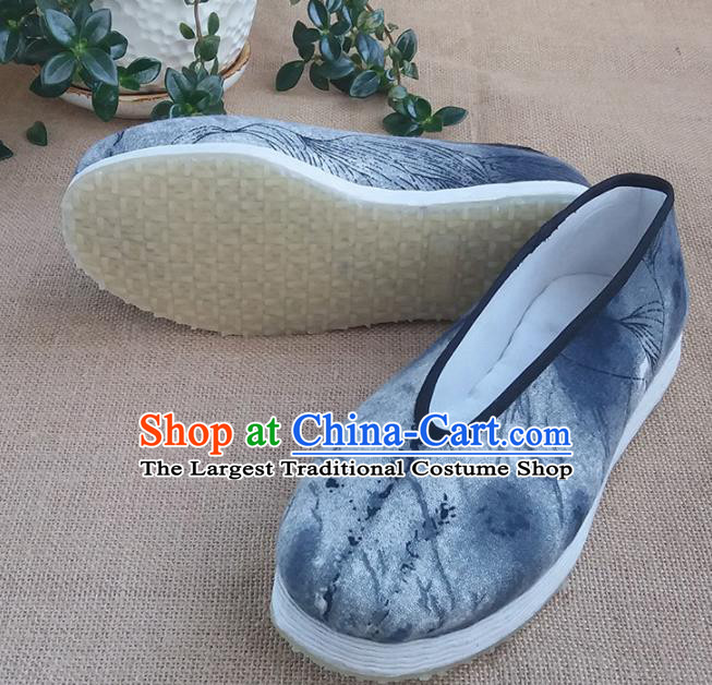 Traditional Chinese Printing Grey Shoes Handmade Multi Layered Cloth Shoes Martial Arts Shoes for Men