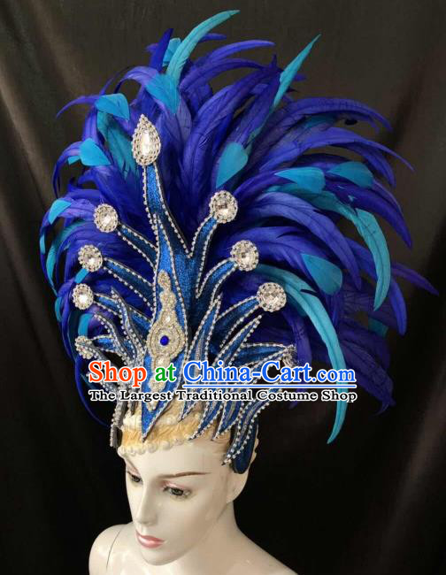 Customized Halloween Cosplay Deluxe Blue Feather Hair Accessories Brazil Parade Catwalks Giant Headpiece for Women
