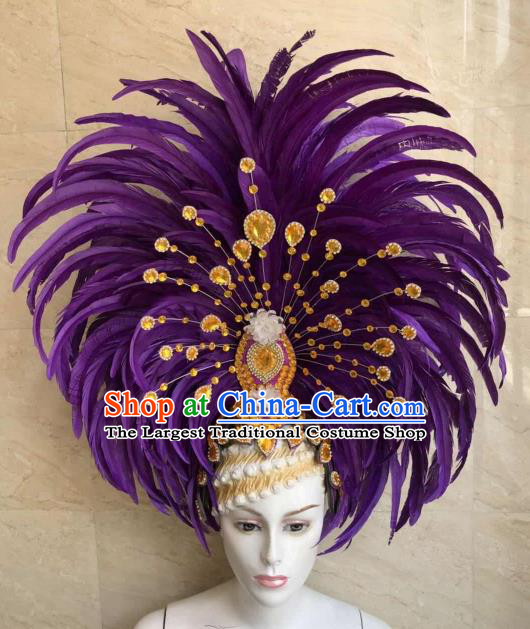 Customized Halloween Cosplay Purple Feather Hair Accessories Brazil Parade Samba Dance Giant Headpiece for Women