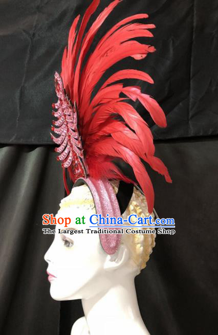 Customized Halloween Carnival Red Feather Hair Accessories Brazil Parade Samba Dance Giant Headpiece for Women