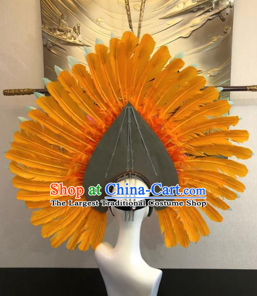 Customized Halloween Carnival Yellow Feather Hair Accessories Brazil Parade Samba Dance Giant Headpiece for Women