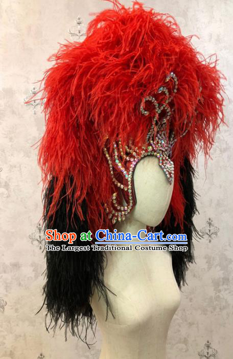 Customized Halloween Carnival Red and Black Feather Giant Hair Accessories Brazil Parade Samba Dance Headpiece for Women