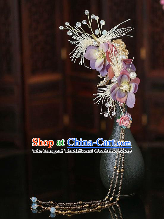 Top Chinese Traditional Purple Flowers Tassel Hair Claws Handmade Hanfu Hairpins Hair Accessories for Women