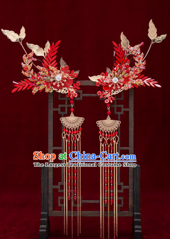 Top Chinese Traditional Red Phoenix Coronet Wedding Bride Handmade Hairpins Hair Accessories Complete Set