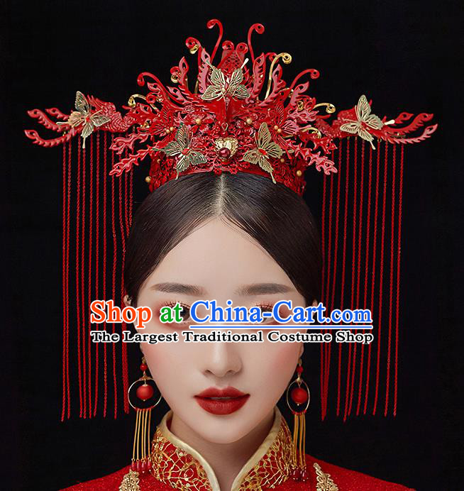 Top Chinese Traditional Red Tassel Phoenix Coronet Wedding Bride Handmade Hairpins Hair Accessories Complete Set