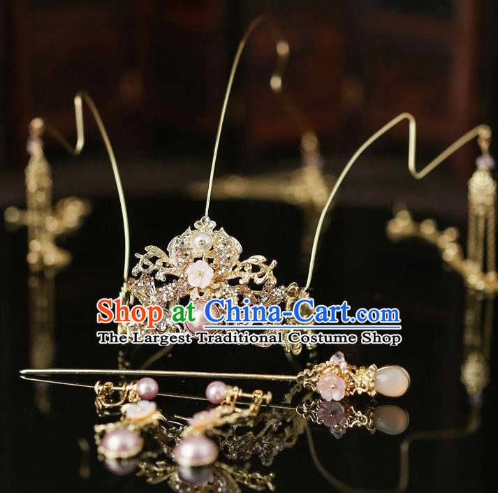 Top Chinese Traditional Bride Golden Dragonfly Hair Crown Handmade Wedding Tassel Hairpins Hair Accessories Complete Set
