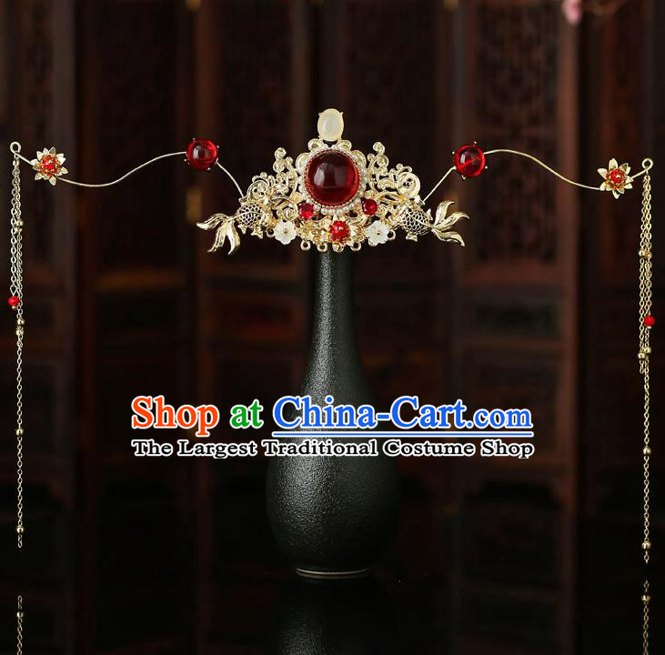 Top Chinese Traditional Bride Garnet Hair Crown Handmade Wedding Tassel Hairpins Hair Accessories Complete Set