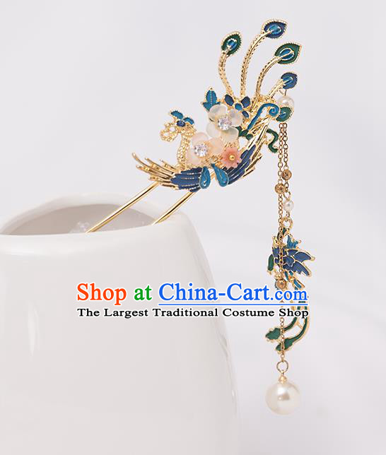 Top Chinese Traditional Blue Phoenix Hair Clip Handmade Hanfu Tassel Hairpins Hair Accessories for Women