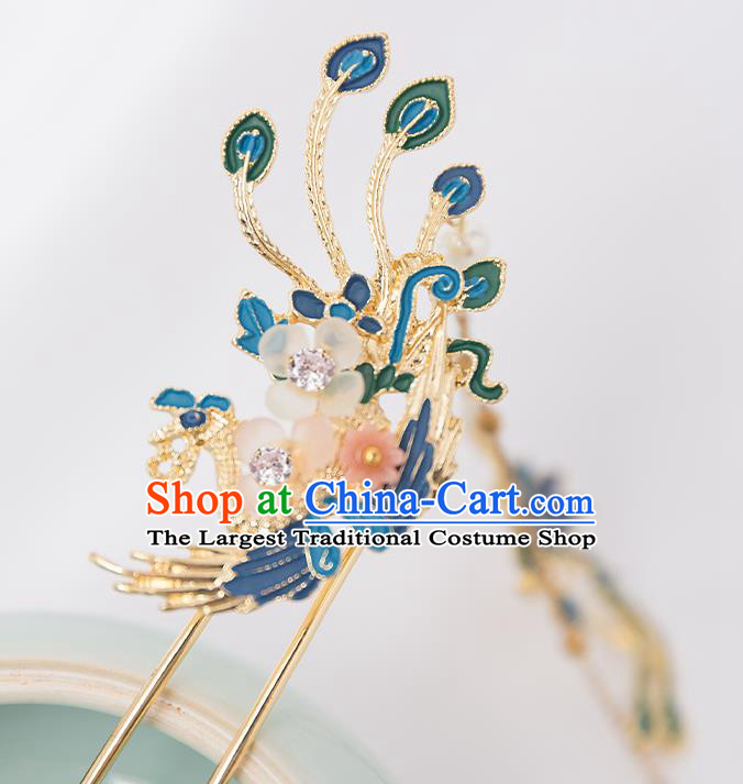 Top Chinese Traditional Blue Phoenix Hair Clip Handmade Hanfu Tassel Hairpins Hair Accessories for Women