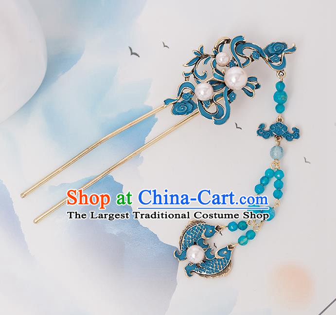 Top Chinese Traditional Blue Fishes Hair Clip Handmade Hanfu Tassel Hairpins Hair Accessories for Women