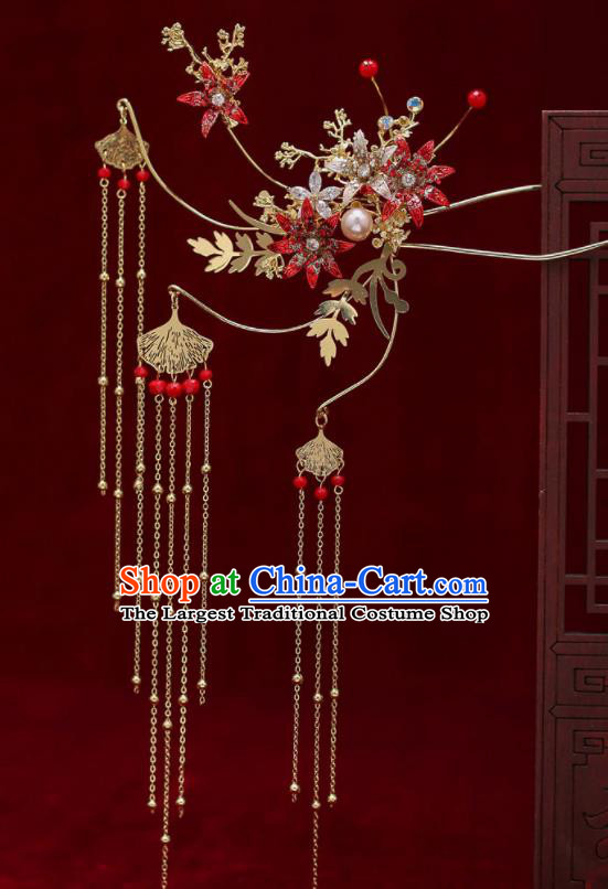 Top Chinese Traditional Bride Red Flowers Tassel Phoenix Coronet Handmade Wedding Tassel Hairpins Hair Accessories Complete Set