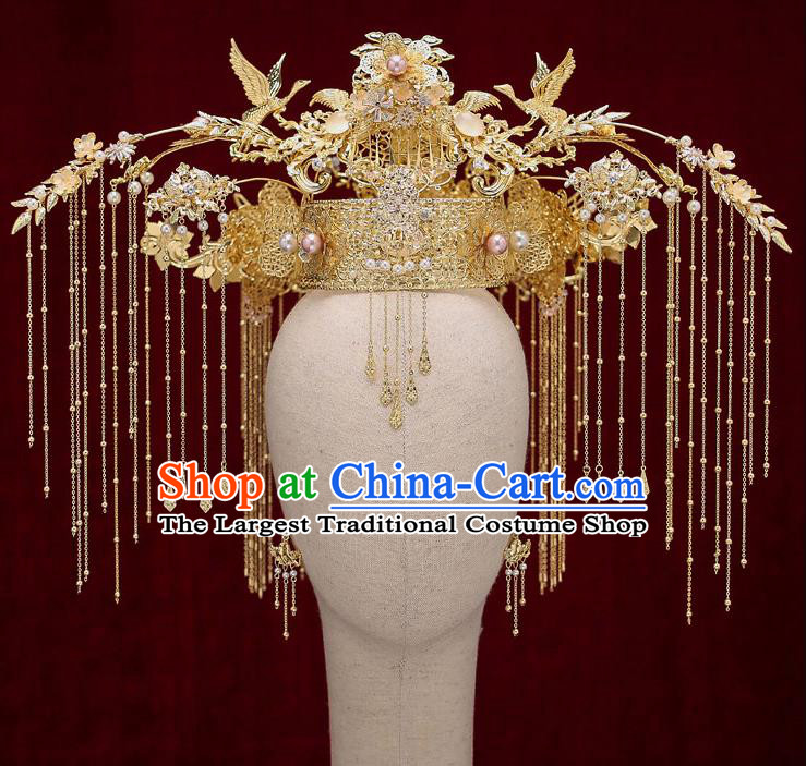 Top Chinese Traditional Bride Golden Crane Tassel Phoenix Coronet Handmade Wedding Tassel Hairpins Hair Accessories Complete Set