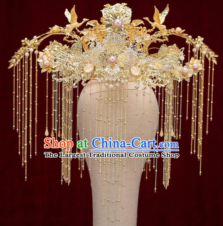 Top Chinese Traditional Bride Golden Crane Tassel Phoenix Coronet Handmade Wedding Tassel Hairpins Hair Accessories Complete Set