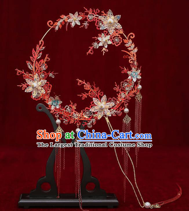 Chinese Traditional Wedding Red Branch Round Fan Ancient Bride Palace Fans for Women