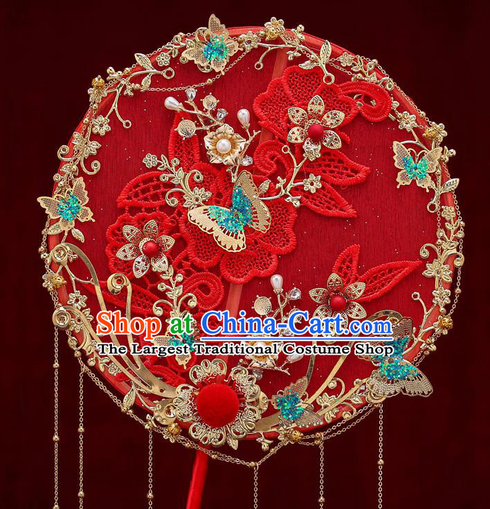 Chinese Traditional Wedding Long Handle Red Round Fan Ancient Bride Palace Fans for Women