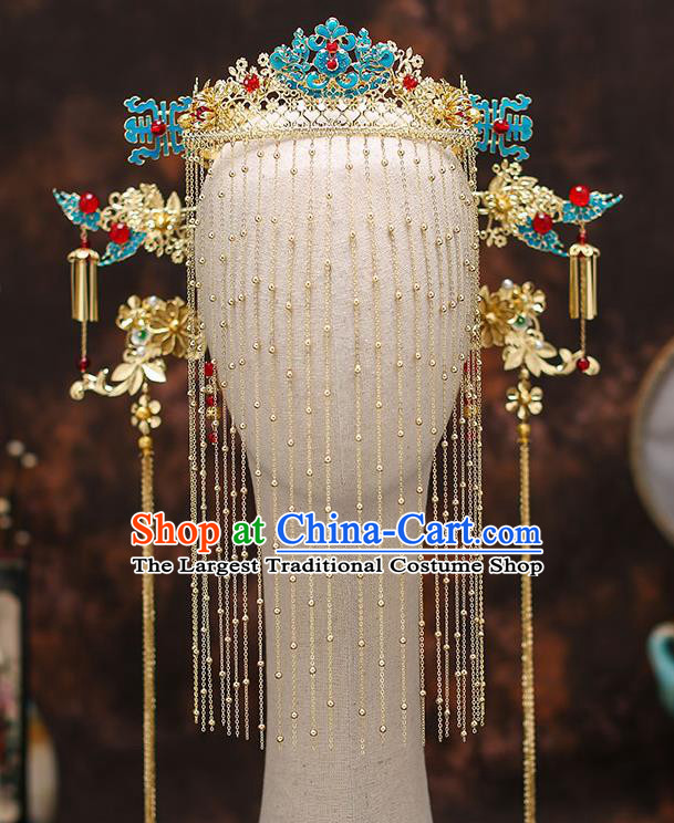 Top Chinese Traditional Court Bride Cloisonne Phoenix Coronet Handmade Wedding Tassel Hairpins Hair Accessories Complete Set