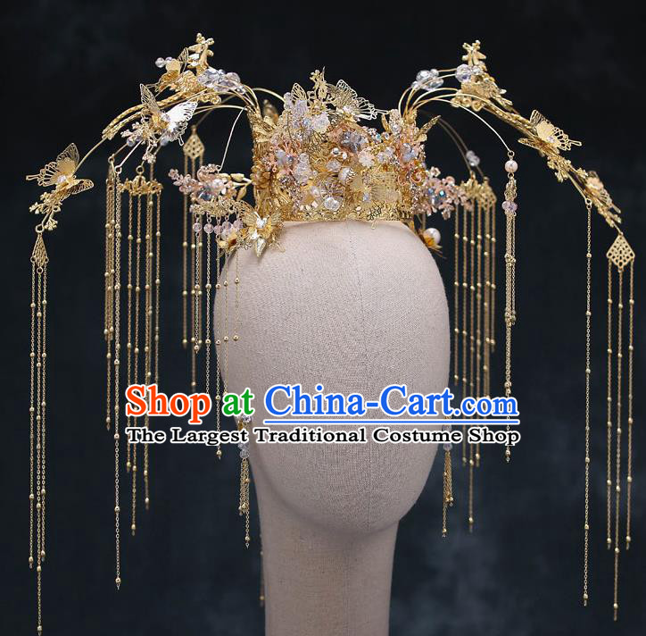 Top Chinese Traditional Bride Golden Butterfly Tassel Phoenix Coronet Handmade Wedding Tassel Hairpins Hair Accessories Complete Set