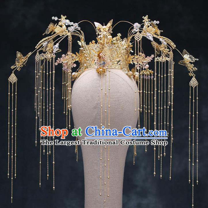 Top Chinese Traditional Bride Golden Butterfly Tassel Phoenix Coronet Handmade Wedding Tassel Hairpins Hair Accessories Complete Set