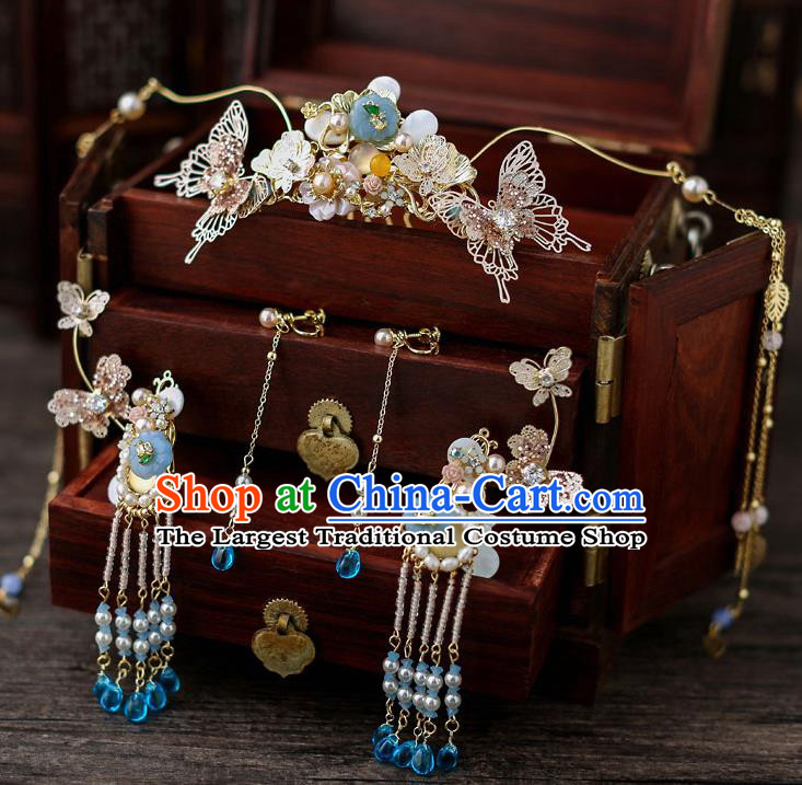 Top Chinese Traditional Bride Tassel Hair Crown Handmade Hairpins Wedding Hair Accessories Complete Set