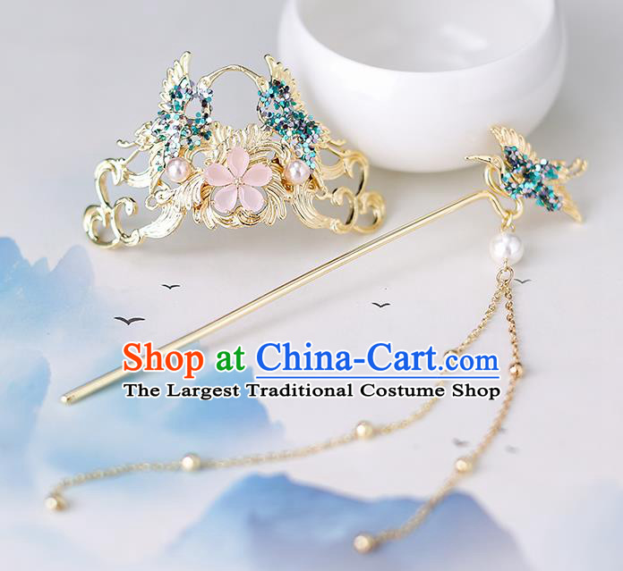 Top Chinese Traditional Bride Crane Hair Crown Handmade Hairpins Wedding Hair Accessories Complete Set