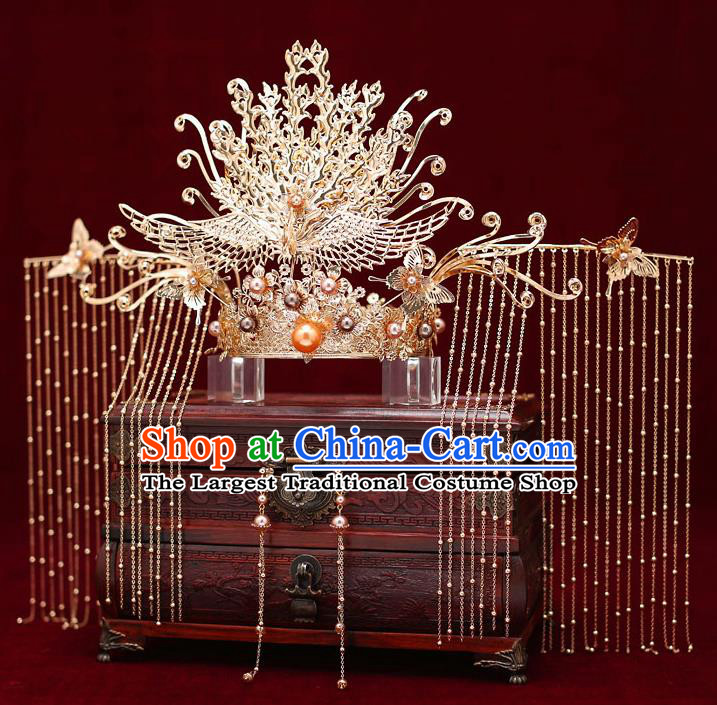 Top Chinese Traditional Bride Phoenix Coronet Handmade Golden Hairpins Wedding Hair Accessories Complete Set