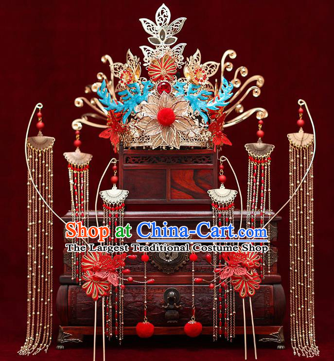 Top Chinese Traditional Bride Red Beads Tassel Phoenix Coronet Handmade Hairpins Wedding Hair Accessories Complete Set