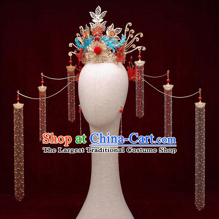 Top Chinese Traditional Bride Red Beads Tassel Phoenix Coronet Handmade Hairpins Wedding Hair Accessories Complete Set