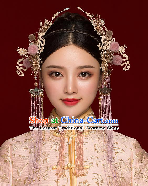 Top Chinese Traditional Bride Pink Venonat Tassel Hair Claws Handmade Hairpins Wedding Hair Accessories Complete Set