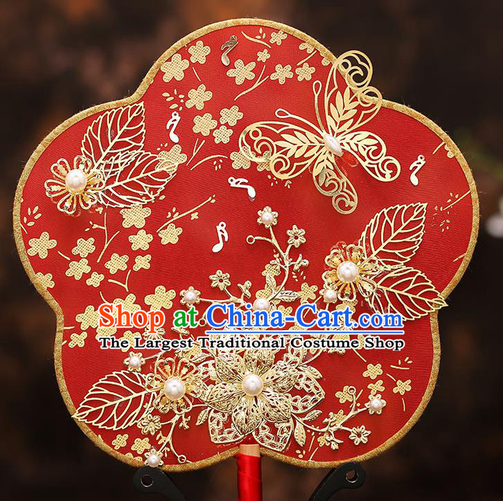 Chinese Traditional Wedding Prop Red Silk Plum Fan Ancient Bride Palace Fans for Women