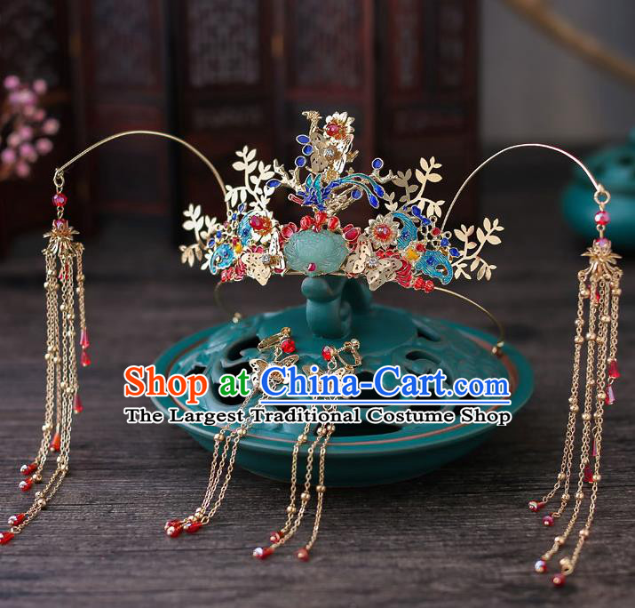 Top Chinese Traditional Bride Jade Lotus Tassel Phoenix Coronet Handmade Wedding Tassel Hairpins Hair Accessories Complete Set
