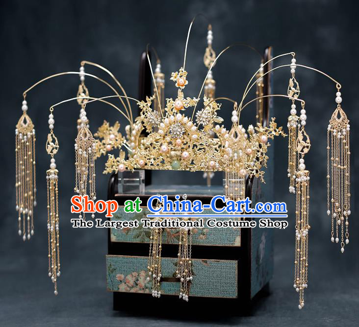 Top Chinese Traditional Bride Luxury Pearls Phoenix Coronet Handmade Tassel Hairpins Wedding Hair Accessories Complete Set