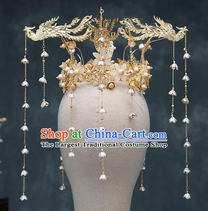 Top Chinese Traditional Bride Luxury Phoenix Tassel Hair Crown Handmade Hairpins Wedding Hair Accessories Complete Set