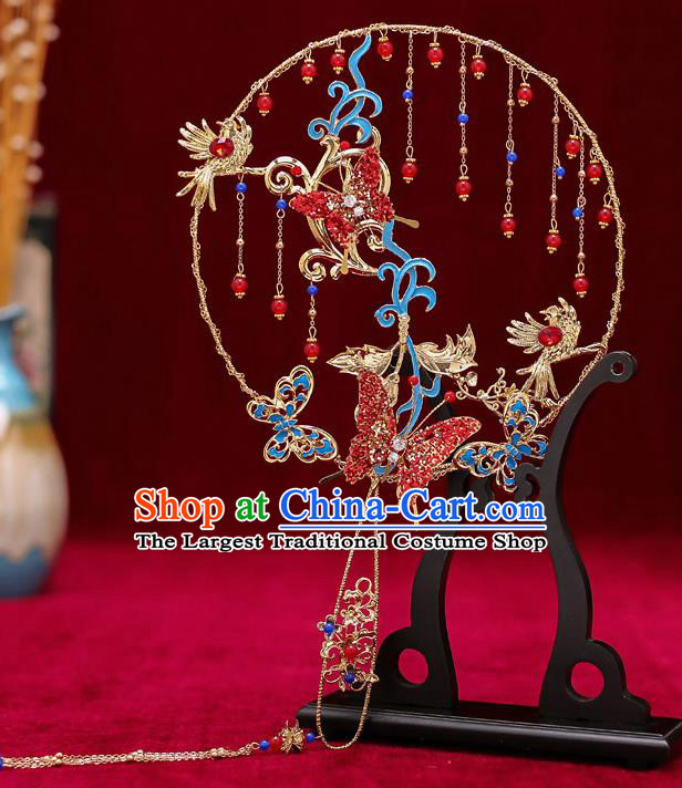 Chinese Traditional Wedding Prop Red Crystal Butterfly Round Fan Ancient Bride Palace Fans for Women