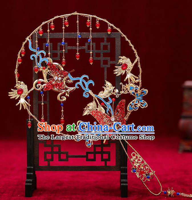 Chinese Traditional Wedding Prop Red Crystal Butterfly Round Fan Ancient Bride Palace Fans for Women
