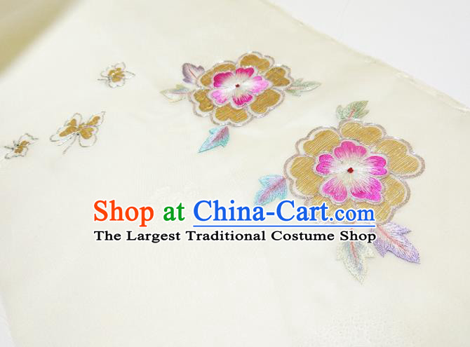 Asian Chinese Traditional Embroidered Flowers Pattern Design Beige Silk Fabric China Hanfu Silk Material
