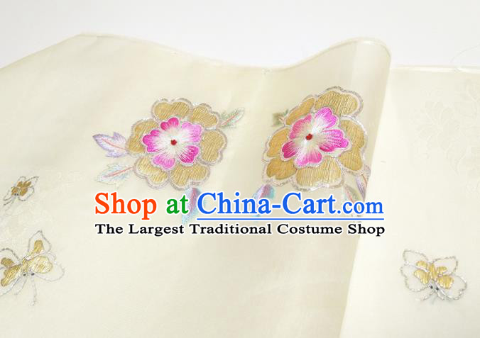 Asian Chinese Traditional Embroidered Flowers Pattern Design Beige Silk Fabric China Hanfu Silk Material